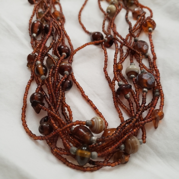 Stunning Vintage Multiple Strand Black Glass Seed Bead Necklace Dark Amber - Picture 3 of 6